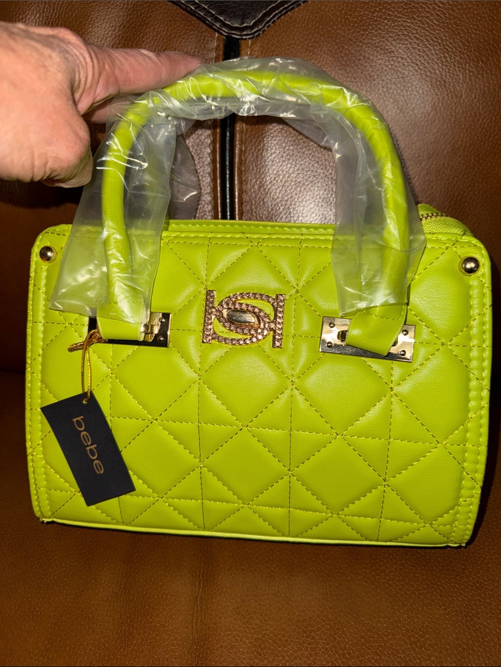 bebe Neon Lime Quilted Satchel with Gold Hardware